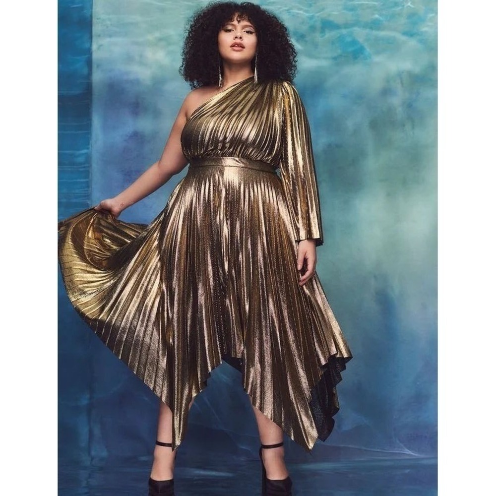 ELOQUII Gold Metallic One Shoulder Pleated Handkerchief Midi Dress 14 Plus Size